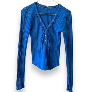 Free People Blue Long Sleeve Button Detail Top